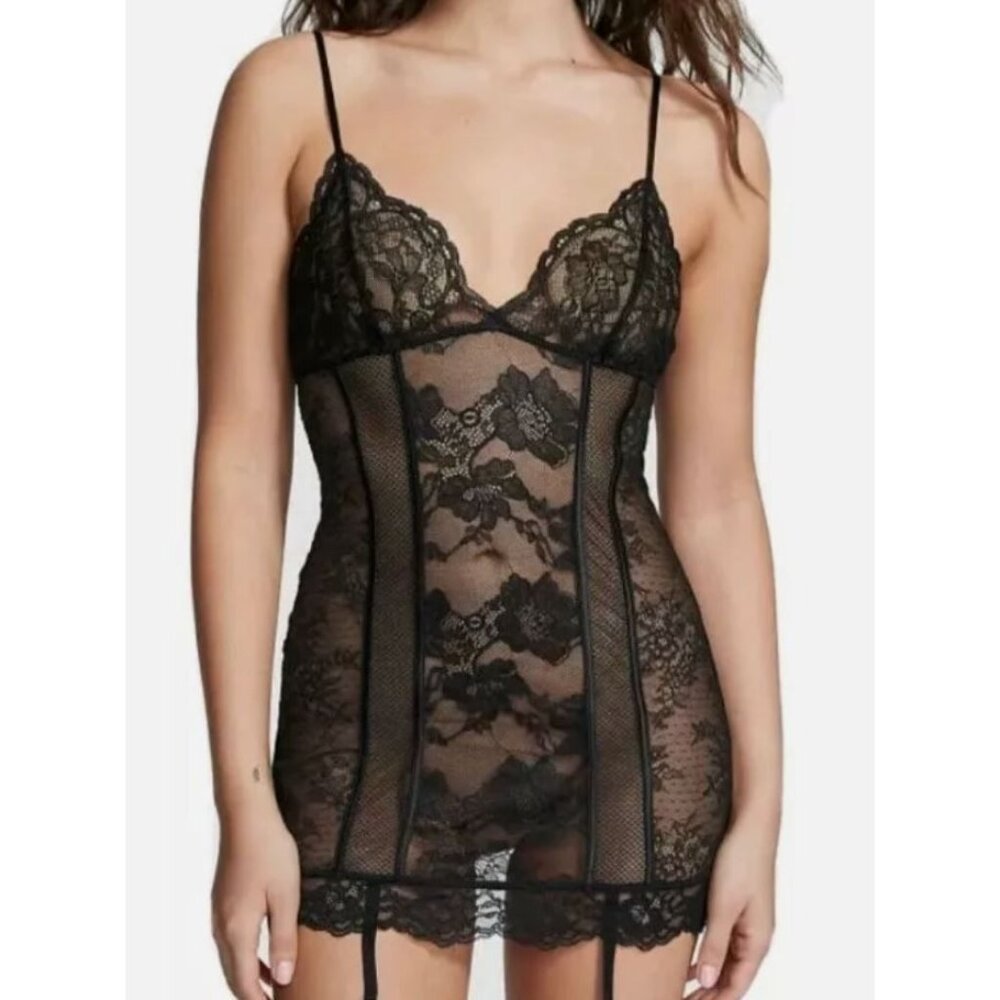 VICTORIA'S SECRET MIXED SHEER MESH & LACE MINI GARTER SLIP BLACK SIZE XSmall